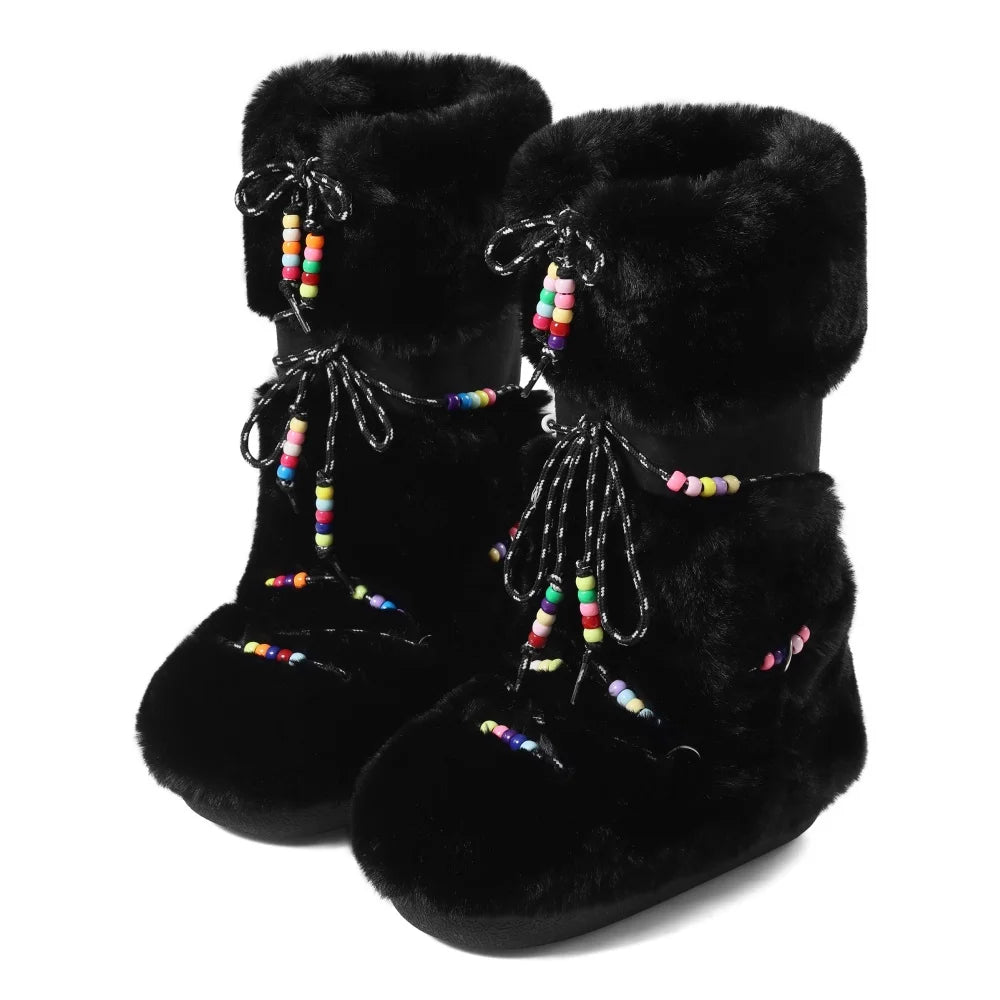Women Furry Boots Round Toe Flat Slip-on Winter Snow Warm Boots Women Faux Fur Fluffy Warm Boot Fashion Outdoor Mid-Calf Boots Winter Party Flat Shoes