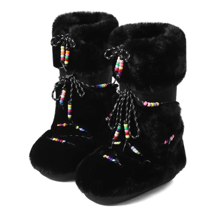 Women Furry Boots Round Toe Flat Slip-on Winter Snow Warm Boots Women Faux Fur Fluffy Warm Boot Fashion Outdoor Mid-Calf Boots Winter Party Flat Shoes