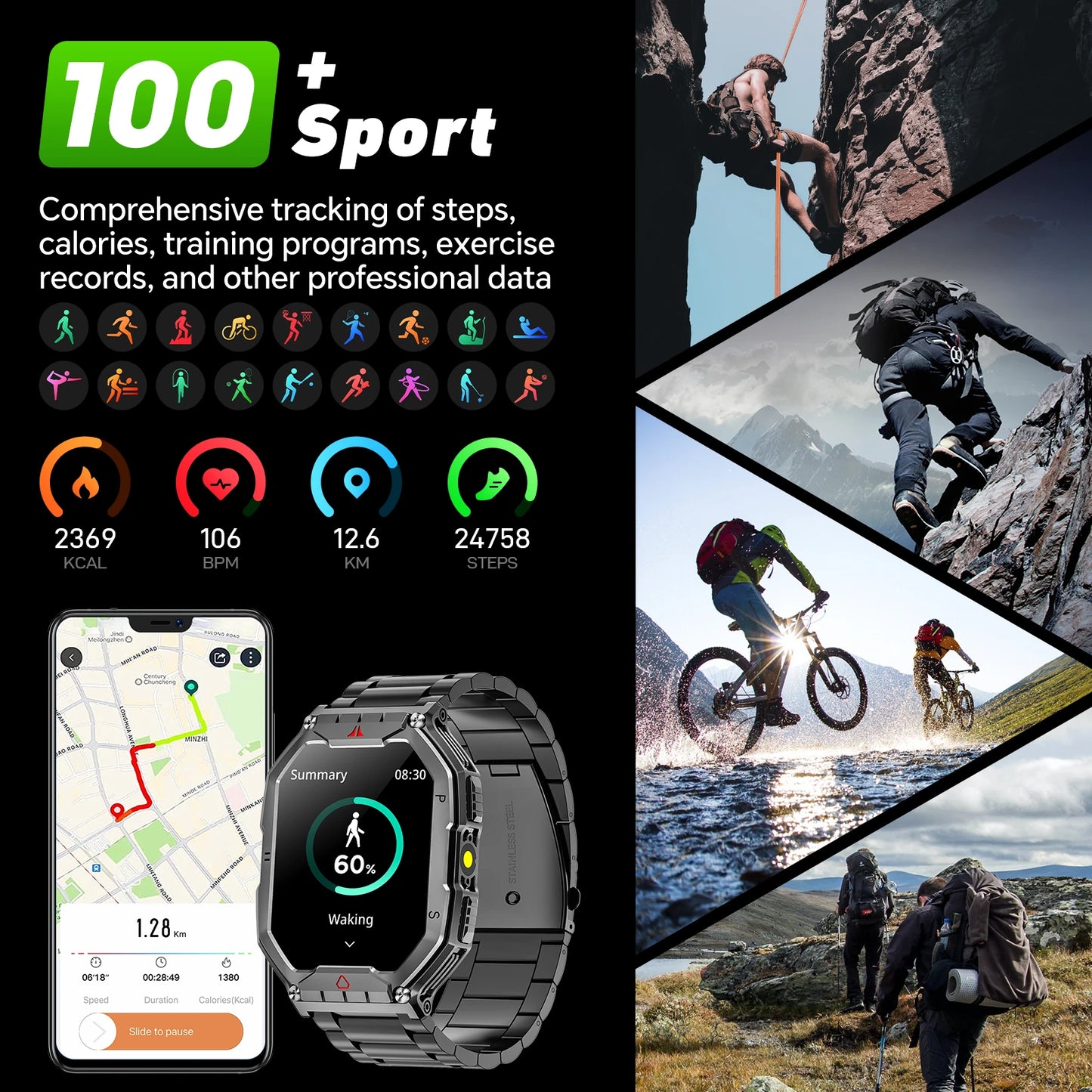 2026 Fashion 2.1 Inch AMOLED Smart Watch Men Bluetooth Call 107 Sports Mode GPS Trajectory Heart Rate Blood Pressure Oxygen Monitor 650mAh Long Standby Waterproof Fitness Tracker Smartwatch For Android IOS
