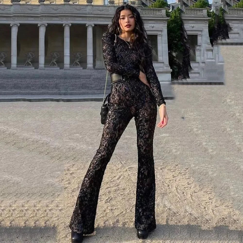 2021 Spring New Jumpsuits Hot Sale Sexy Lace Hollow Out Rompers Red Flame Pants Women's Fashion Club Street Wear
