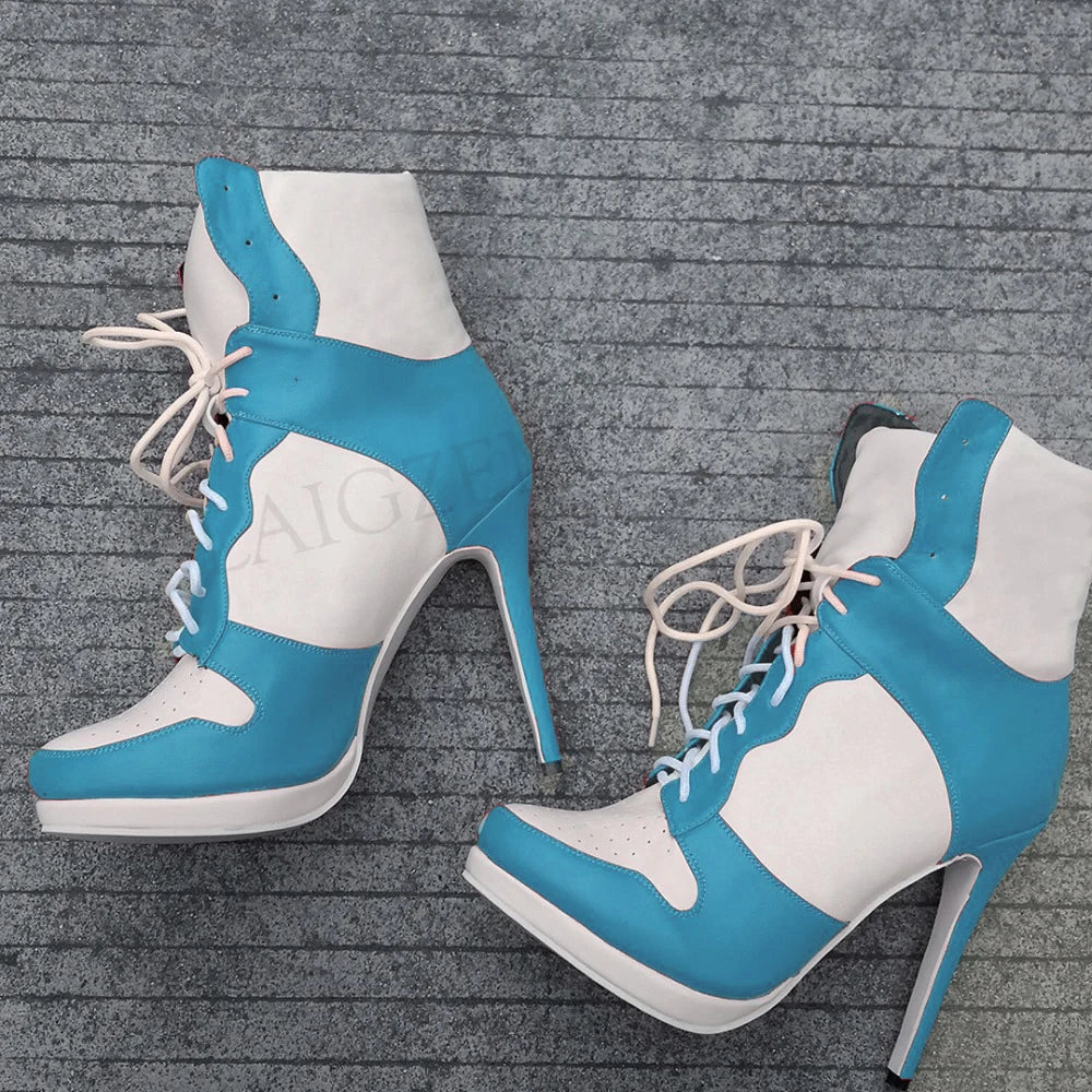 LAIGZEM SUPER Women Ankle Boots Patchwork High Heel Comfortable Short Boots Winter Casual Ladies Botines Mujer Big Size 45 46 47