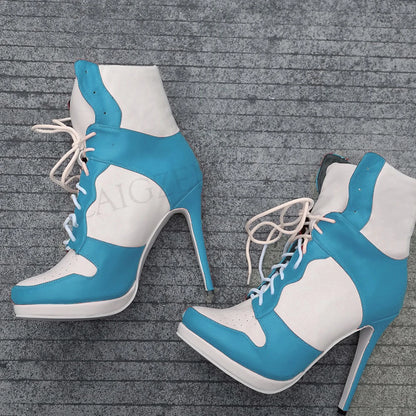LAIGZEM SUPER Women Ankle Boots Patchwork High Heel Comfortable Short Boots Winter Casual Ladies Botines Mujer Big Size 45 46 47