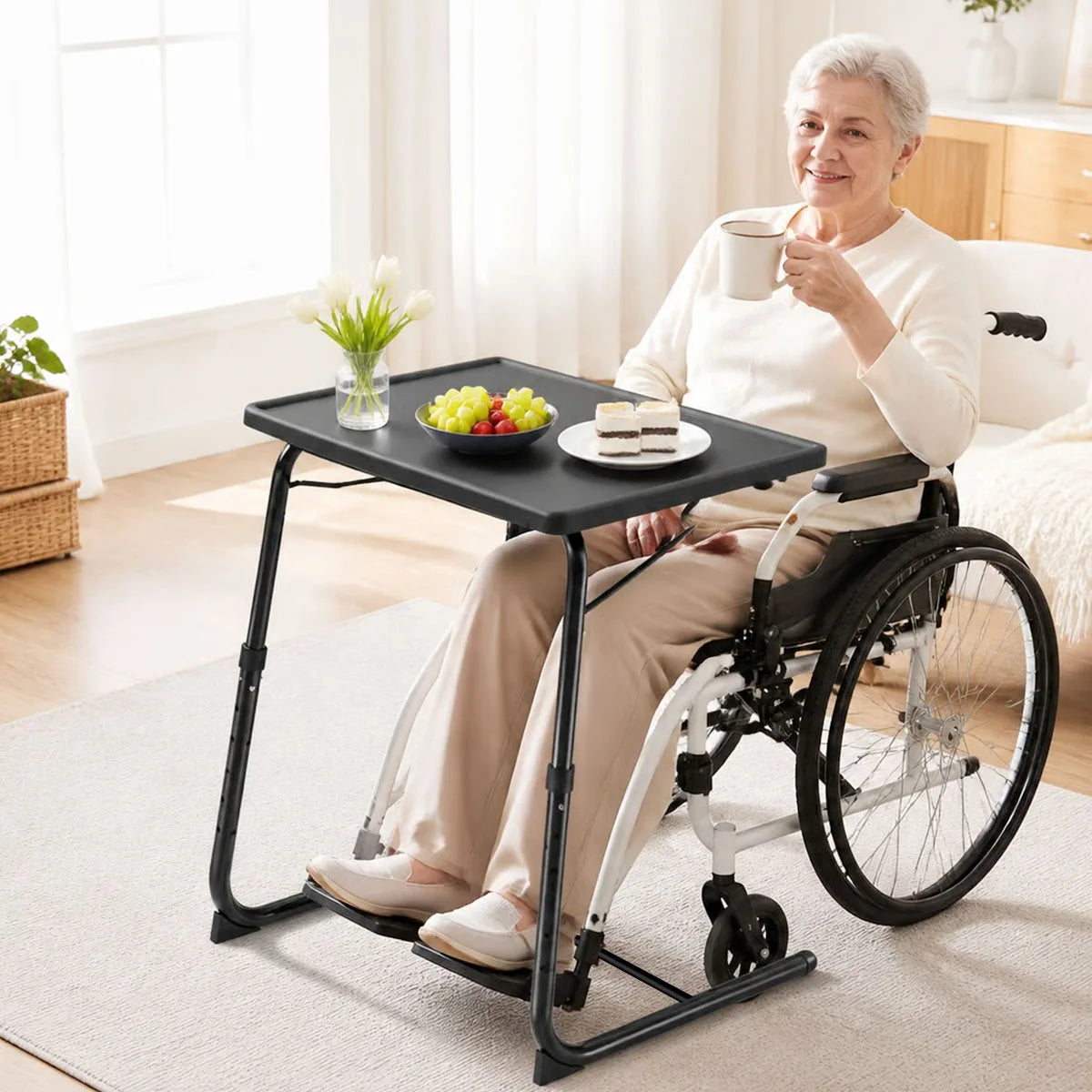 Adjustable Laptop Bed Table 6‑Level Height 3‑Angle Tilt Foldable Side Desk with Cup Holder Metal Frame Portable Reading Eating Table for Bed Sofa Wheelchair Home Office