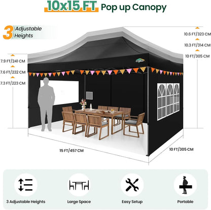 10x15 Pop up Canopy Tent Heavy Duty Gazebo with 4 Sidewalls,UPF 50+ All Weather Waterproof Commercial Outdoor Wedding Party Tent