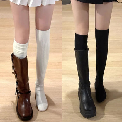 Spring Fall Knee High Stockings for Women White Vertical Stripe Long Socks Fashion Girls JK Skinny Boots Sock Japanese Style