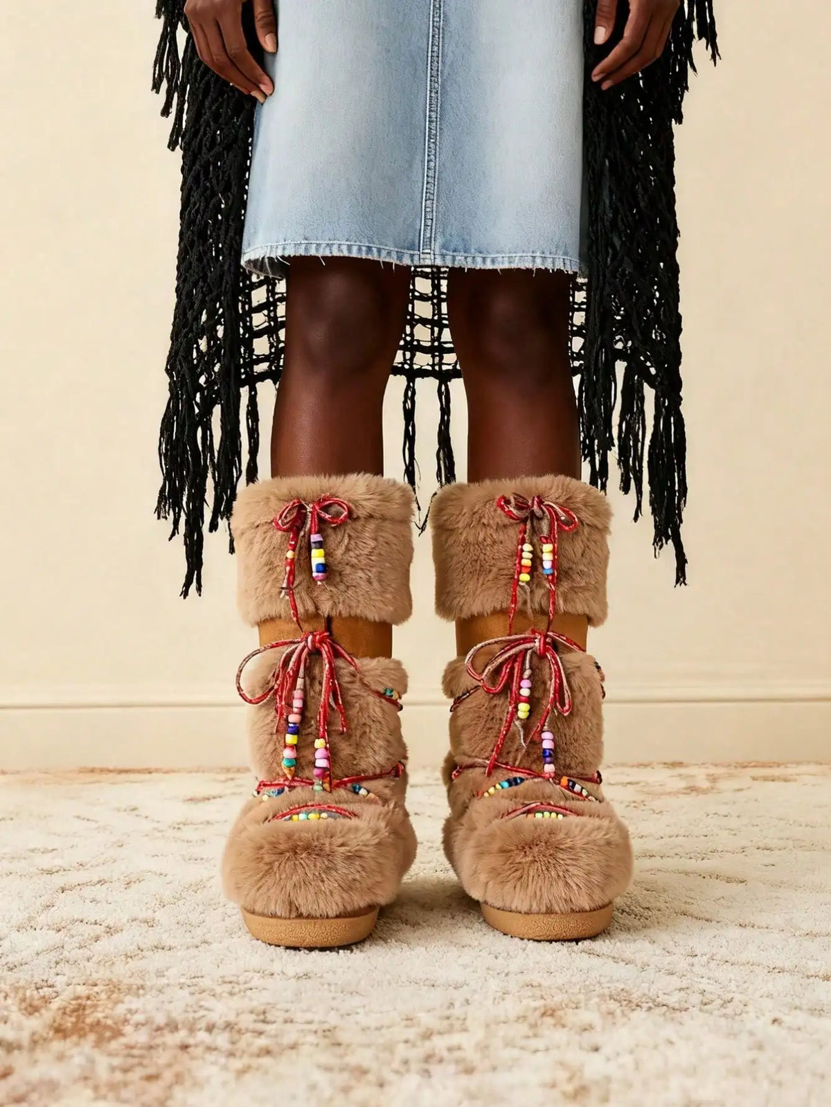 Women Furry Boots Round Toe Flat Slip-on Winter Snow Warm Boots Women Faux Fur Fluffy Warm Boot Fashion Outdoor Mid-Calf Boots Winter Party Flat Shoes