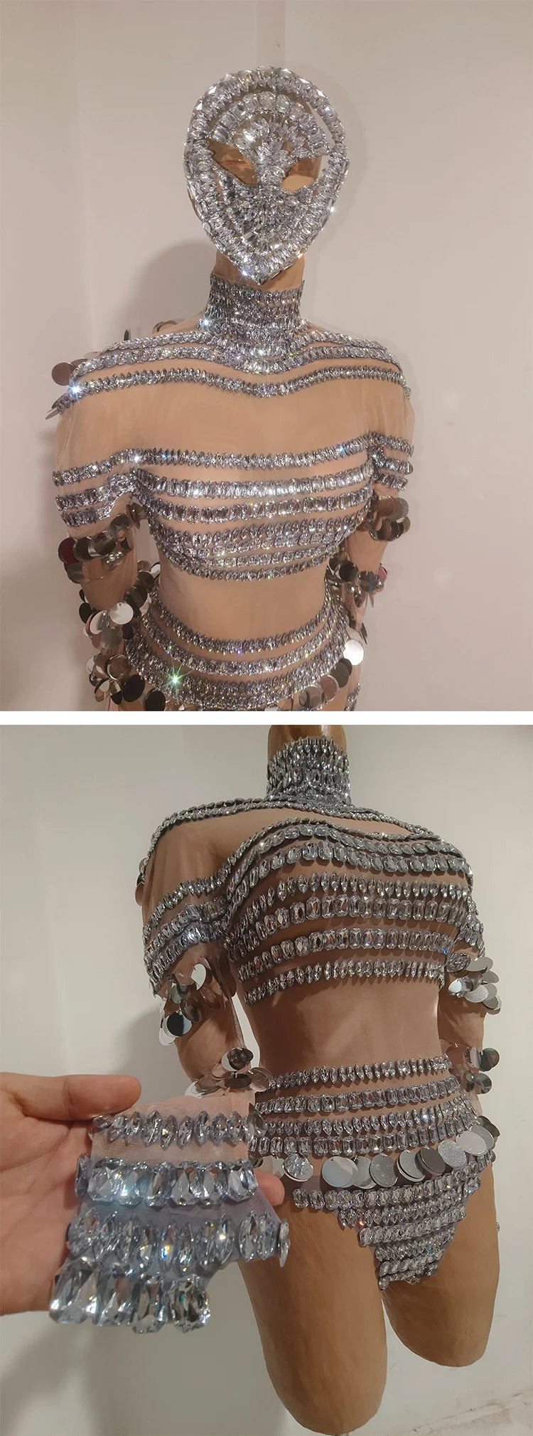 Silver Rhinestone Sequin Dance Set Women Sexy Bodysuit Gogo Latin Pole Dancing Stage Performance Wear Nightclub Drag Queen Show