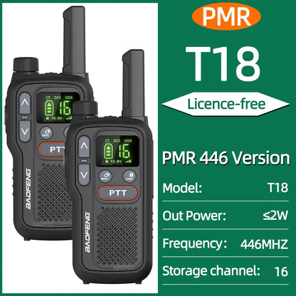 2pcs Baofeng T18 Mini Walkie Talkie Long Range PMR FRS Rechargable Portable Two Way Radio Type-C Charger VOX for Camping Trip