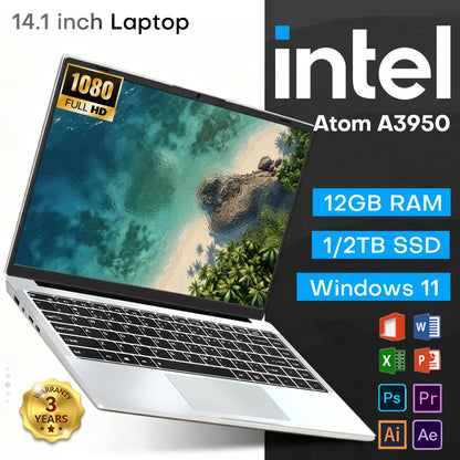 2026 New Laptop Computer Windows 11 Pro Intel Atom A3950 2025 Notebook PC Gamer 12GB RAM 512GB 1TB SSD 1920*1080 Office Computer