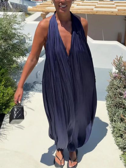 Women Deep V Halter Jumpsuits Summer Pleated Loose Backless Long Pants Rompers Casual Beach Party Sleeveless Overalls Vestidos