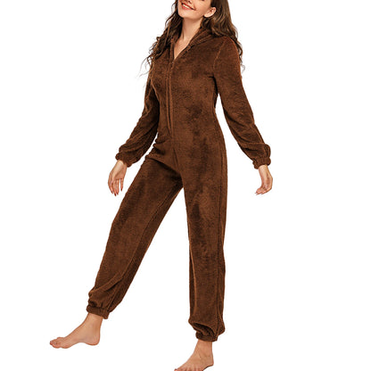 Women Winter Warm Plush Romper Pajamas Solid Color Long-Sleeve Zipper High Neck Hooded Homewear S/M/L/XL/2XL