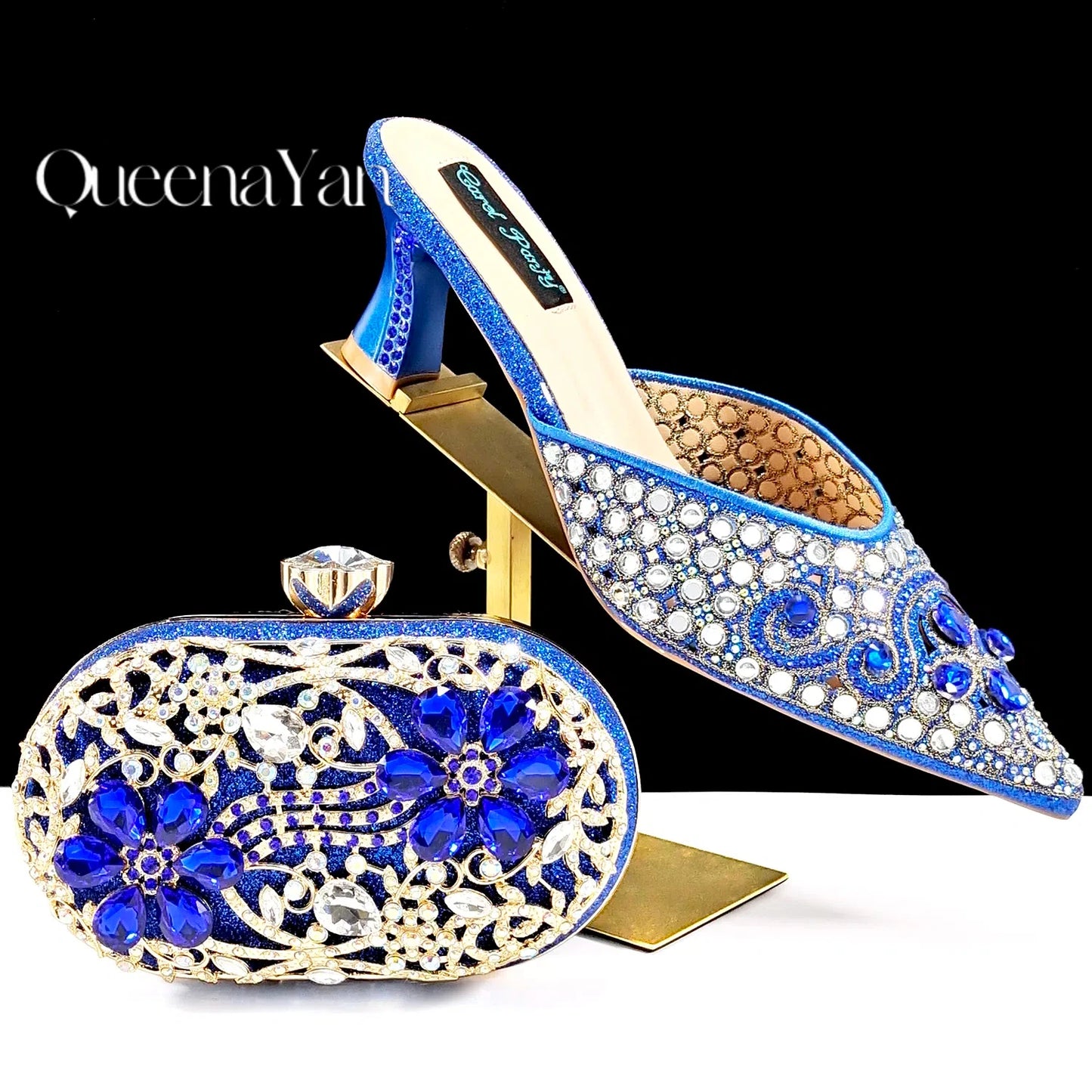 QUEENA YAN Luxury Pink Rhinestone Party Shoes and Clutch for Women- Elegant Crystal Heels with Matching Evening Bag