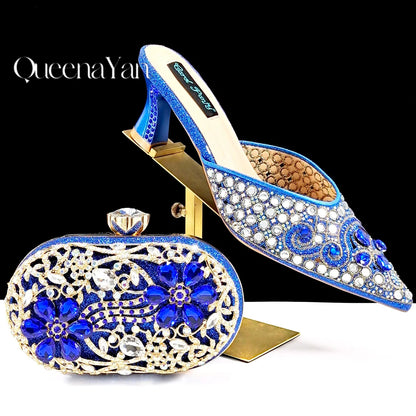 QUEENA YAN Luxury Pink Rhinestone Party Shoes and Clutch for Women- Elegant Crystal Heels with Matching Evening Bag