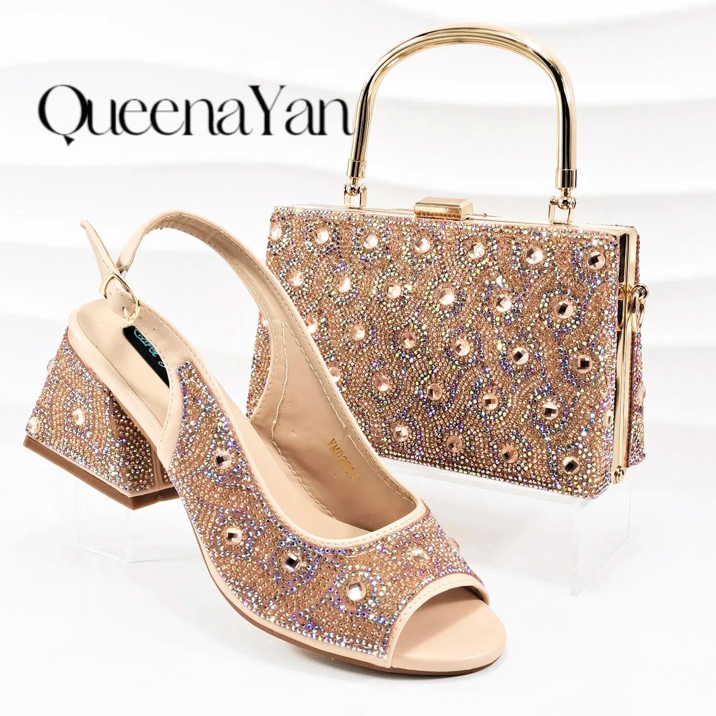 Queena Yan Square Heel Shoes! Hand-held Three-Dimensional Bag and Shoes Set From the Same Series/Open Toe Shoes and Evening Bag