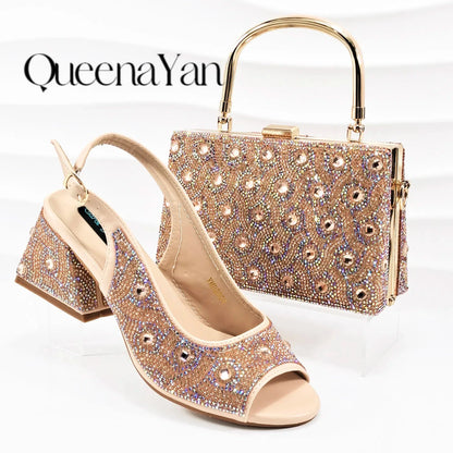 Queena Yan Square Heel Shoes! Hand-held Three-Dimensional Bag and Shoes Set From the Same Series/Open Toe Shoes and Evening Bag
