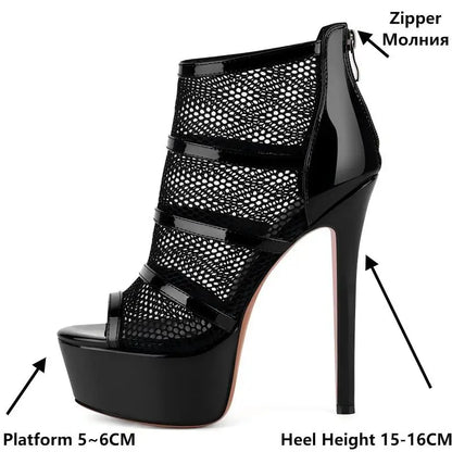 Onlymaker Women Peep  Toe Platform Mesh Stiletto Booties Sandals Back Zipper Thin Heel  Ankle Boots