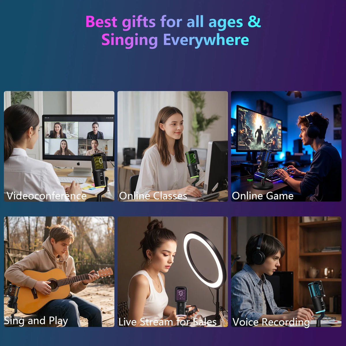 USB/XLR Dynamic Microphone for Podcast Recording, PC Computer Gaming Streaming Mic with RGB Light, Mute Button, Headphones Jack