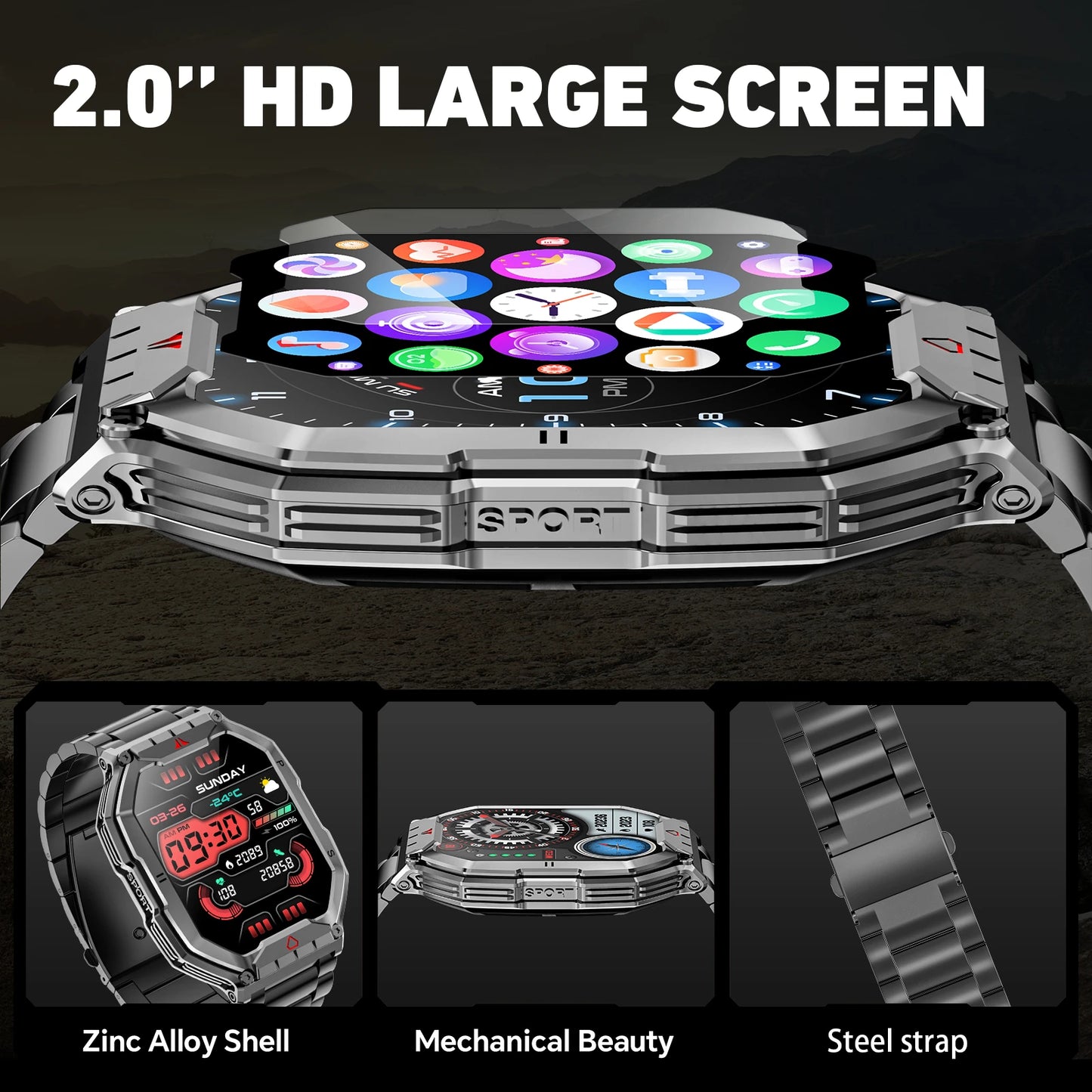 2026 Fashion 2.1 Inch AMOLED Smart Watch Men Bluetooth Call 107 Sports Mode GPS Trajectory Heart Rate Blood Pressure Oxygen Monitor 650mAh Long Standby Waterproof Fitness Tracker Smartwatch For Android IOS
