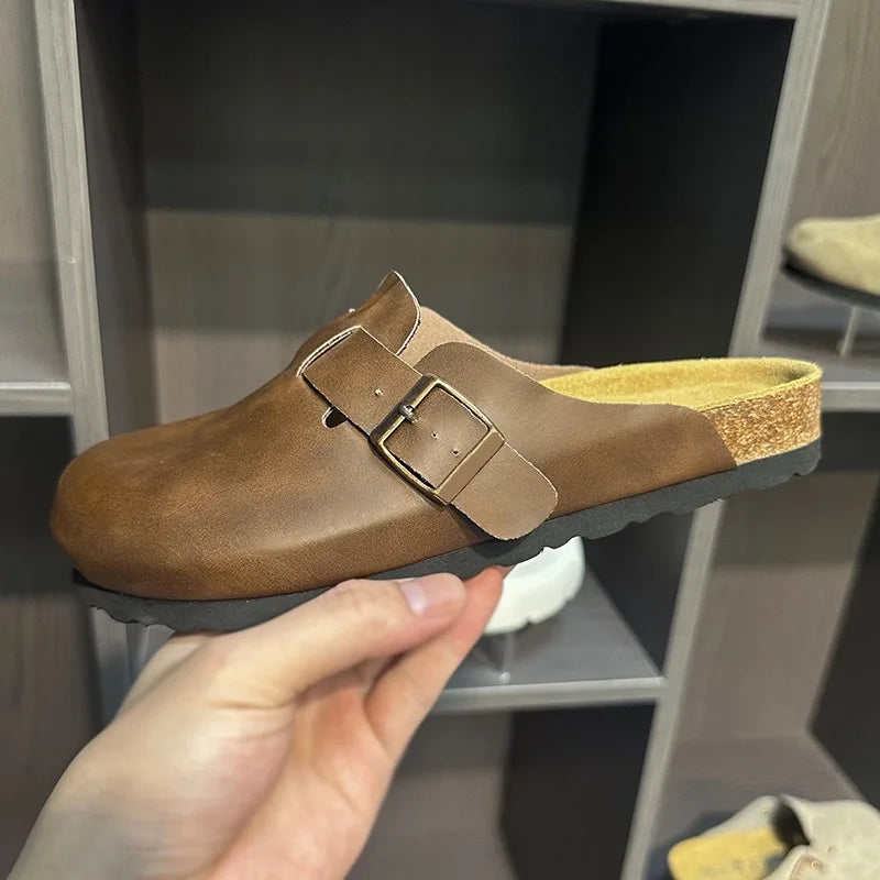 Women Men Suede Leather Clogs Adjustable Buckle Cork Footbed Non-slip Casual Mules Slippers