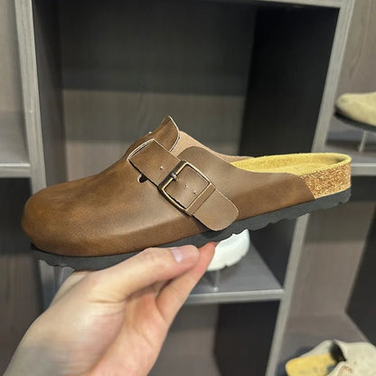 Women Men Suede Leather Clogs Adjustable Buckle Cork Footbed Non-slip Casual Mules Slippers