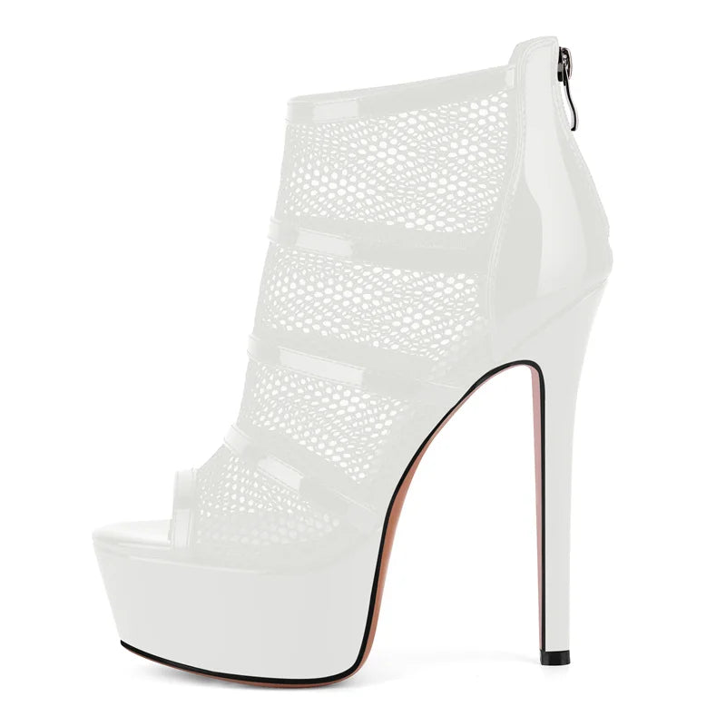 Onlymaker Women Peep  Toe Platform Mesh Stiletto Booties Sandals Back Zipper Thin Heel  Ankle Boots