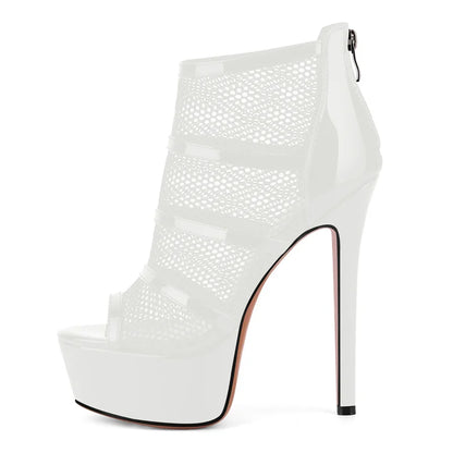 Onlymaker Women Peep  Toe Platform Mesh Stiletto Booties Sandals Back Zipper Thin Heel  Ankle Boots
