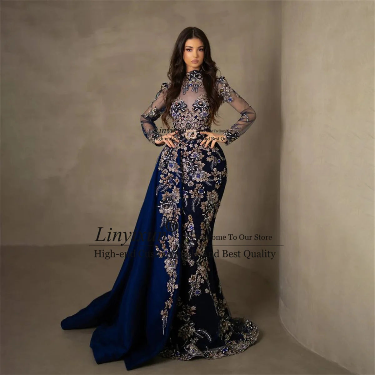 Customized Mermaid Prom Dresses With Lace Applique High Neck Formal Evening Party Gowns Luxury Beadeds Birthday vestidos de gala