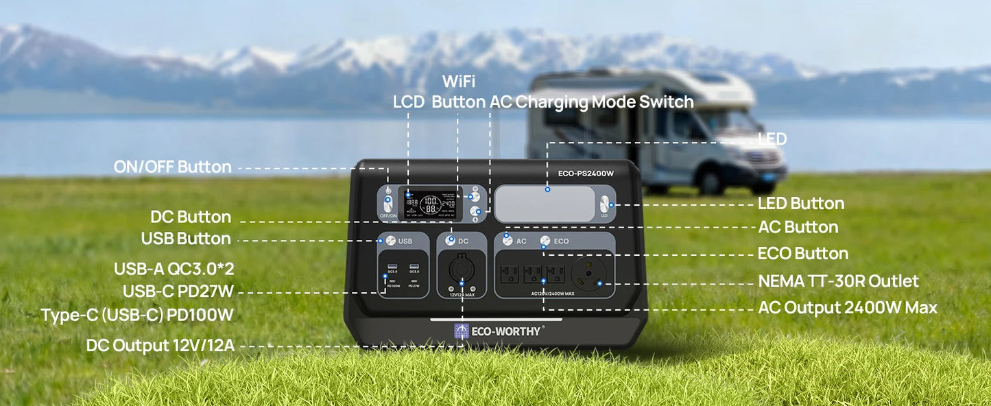 ECO-WORTHY PS 2400W Power Station 2048Wh LiFePO4 Battery, Solar Generator with 10 Outlets (4800W Peak) Wi-Fi and Bluetooth