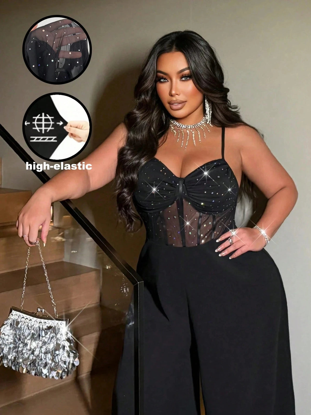 Plus-size women's sexy wide-leg jumpsuit, a stylish backless jumpsuit with shimmering stretch mesh, suitable for dates, parties
