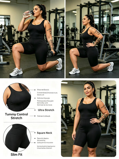 Plus Jumpsuit Womens Strappy Square Neck Tank Top Tummy Control Bodycon Stretch Shorts Jumpsuit Outfits  Shorts Jumpsuit