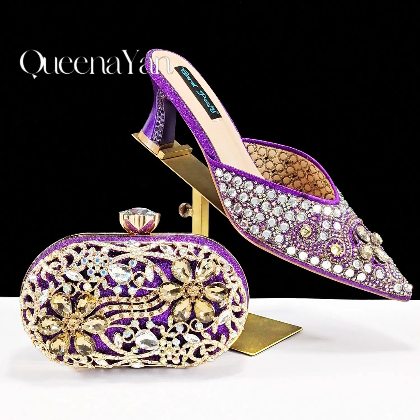 QUEENA YAN Luxury Pink Rhinestone Party Shoes and Clutch for Women- Elegant Crystal Heels with Matching Evening Bag