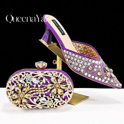 QUEENA YAN Luxury Pink Rhinestone Party Shoes and Clutch for Women- Elegant Crystal Heels with Matching Evening Bag
