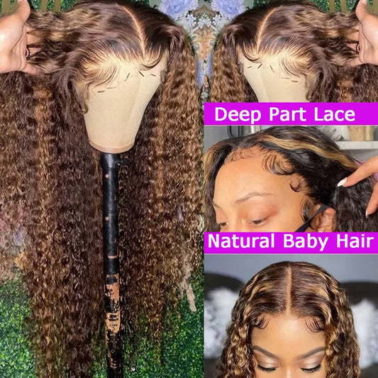 30 Inch 300 Density Highlight Honey Brown Curly Lace Front Human Hair Wigs 13x4 Ombre Colored Deep Wave Lace Frontal Wig