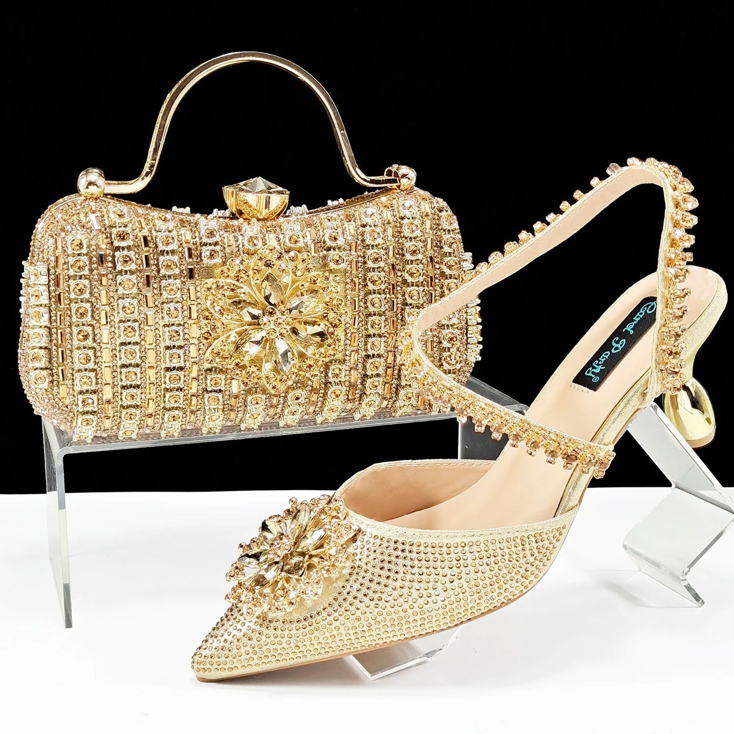Elegant Rhinestone-Embellished Heels And Gold Mini Bag Set for Night Outfits Women's Fashion Accessory Combo