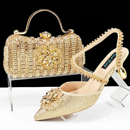 Elegant Rhinestone-Embellished Heels And Gold Mini Bag Set for Night Outfits Women's Fashion Accessory Combo