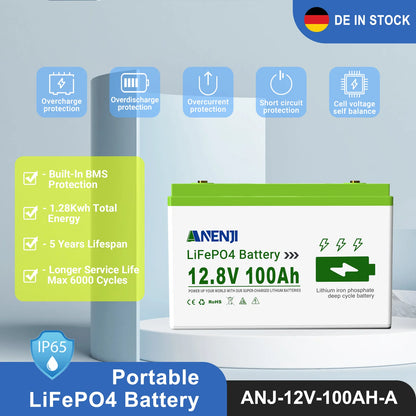 ANENJI 12V 100Ah Li Rechargeable Battery Pack LiFePO4 Built-in BMS 6000 Cycles For Solar Inverter Outdoor RV Camp Power Station