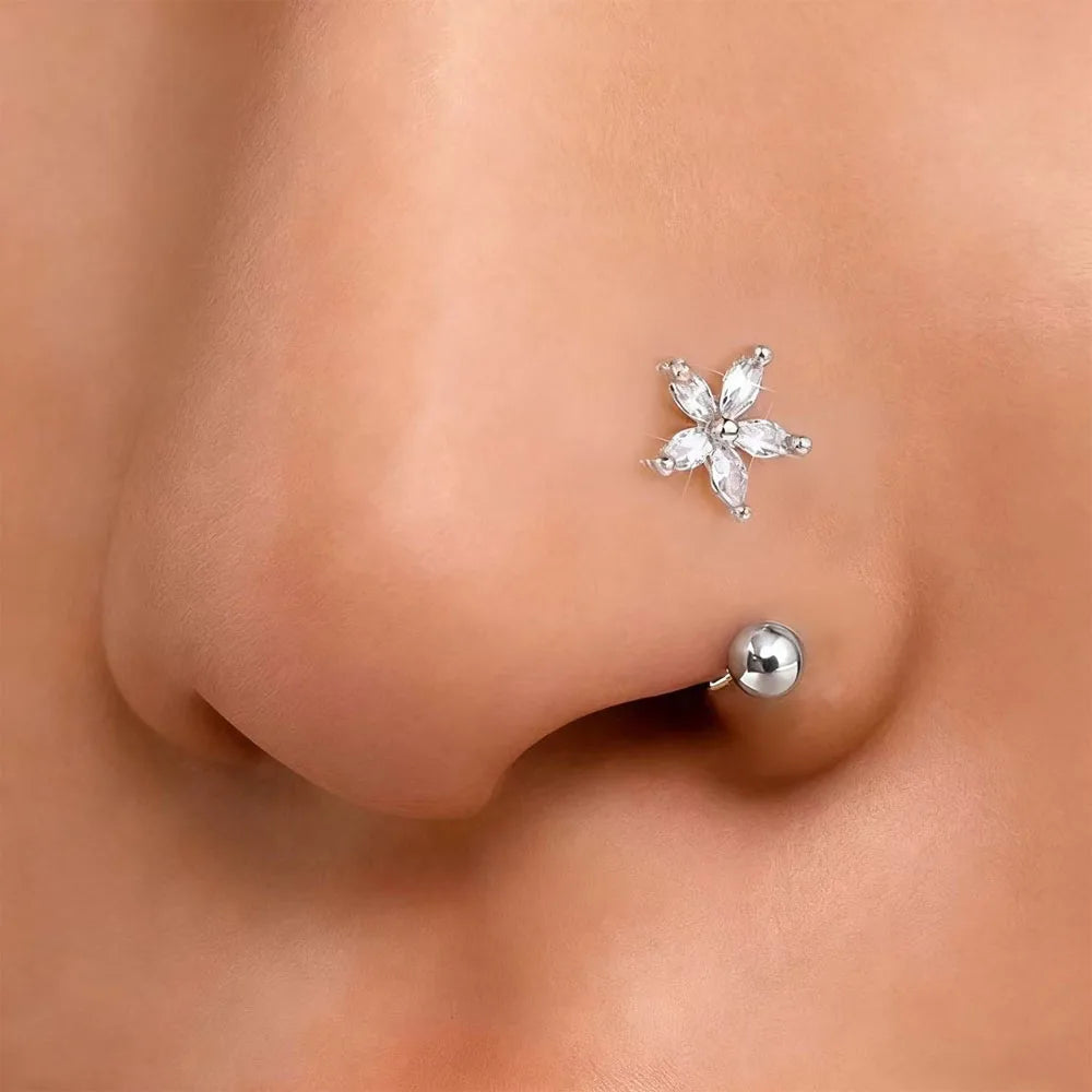 1Pc Zircon Flower-Shaped Nose Ring,14K Gold Plated Stainless Steel Piercing Jewelry for Women Daily Wear Body Piercing Accessory