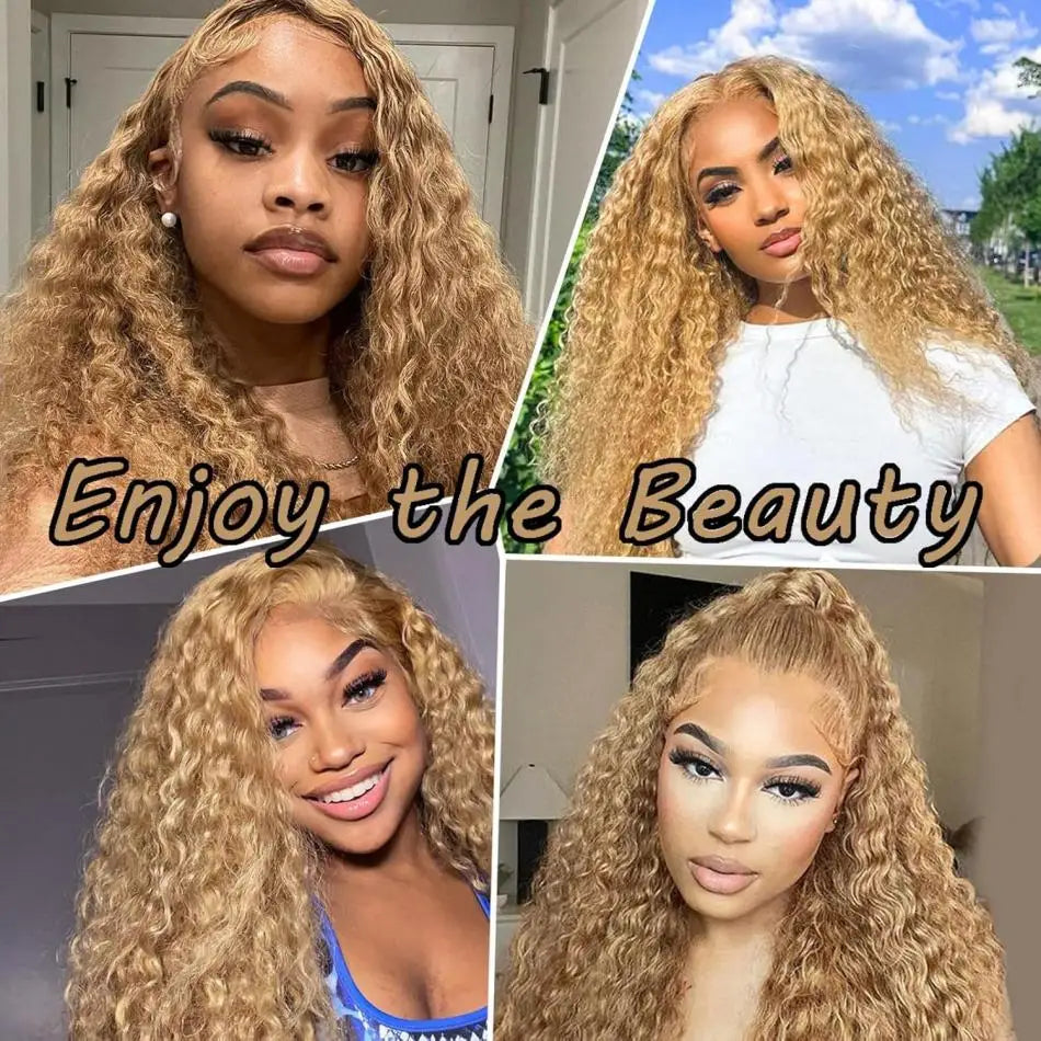 #27 Honey Blonde Curly Human Hair Wig 13X6 Deep Wave Frontal Wig 30 36 Inch 13X4 Hd Transparent Lace Front Colored Wigs