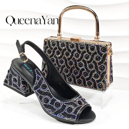 Queena Yan Square Heel Shoes! Hand-held Three-Dimensional Bag and Shoes Set From the Same Series/Open Toe Shoes and Evening Bag