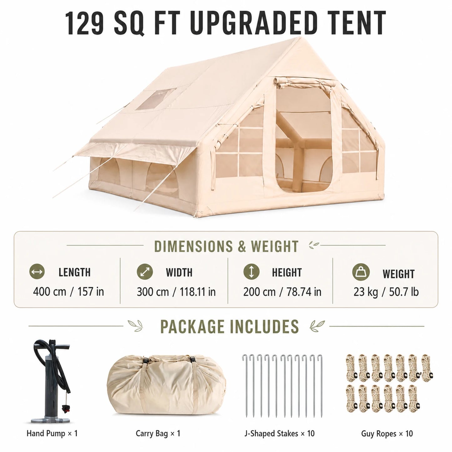 Large Luxury Inflatable Glamping Tent with Manual Hand Pump and Storage Bag, Easy Setup 4-Season Weatherproof Anti-Snow Family Air Tent for Outdoor Camping, Hiking, Backyard Parties and Wilderness Adventures