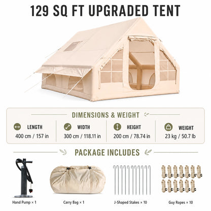 Large Luxury Inflatable Glamping Tent with Manual Hand Pump and Storage Bag, Easy Setup 4-Season Weatherproof Anti-Snow Family Air Tent for Outdoor Camping, Hiking, Backyard Parties and Wilderness Adventures