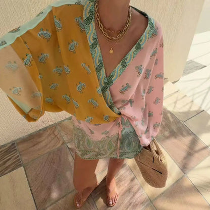 Women's Boho Paisley Color Block Romper Long Sleeve V Neck Tie Waist Beach Vacation Playsuit Shorts