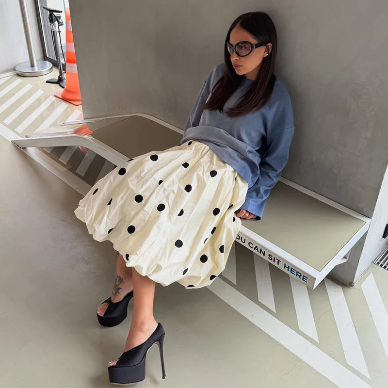 Polka Dot Bubble Skirt Women Summer Elegant Balloon Midi Skirts Vintage high Waist Flattery Puff Vacation Party Long Skirt