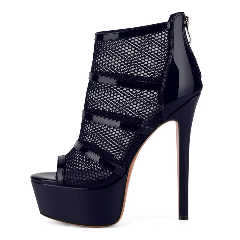 Onlymaker Women Peep  Toe Platform Mesh Stiletto Booties Sandals Back Zipper Thin Heel  Ankle Boots