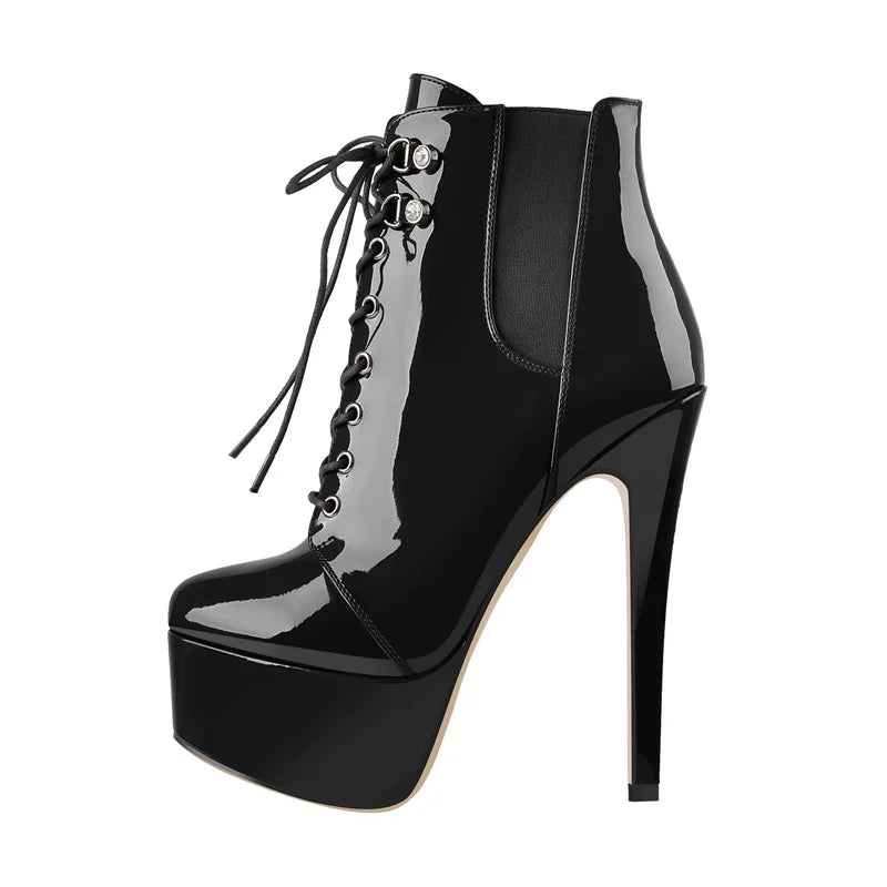 Onlymaker Women Lace-Up Ankle Boots Shoes 16cm High Thin Heel 4cm Platform Fashion Heels Boots Plus Size 35-46