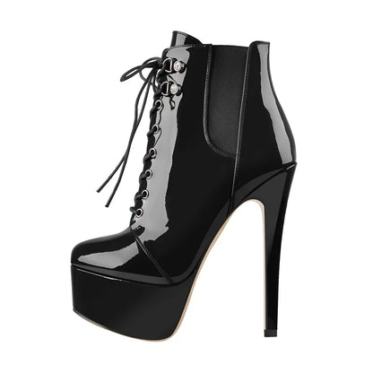 Onlymaker Women Lace-Up Ankle Boots Shoes 16cm High Thin Heel 4cm Platform Fashion Heels Boots Plus Size 35-46