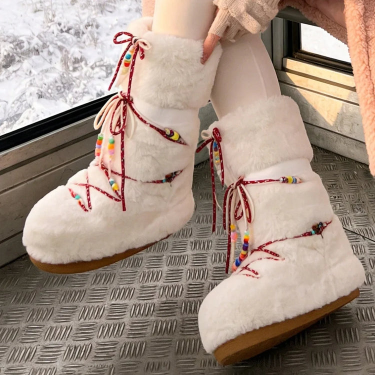 Women Furry Boots Round Toe Flat Slip-on Winter Snow Warm Boots Women Faux Fur Fluffy Warm Boot Fashion Outdoor Mid-Calf Boots Winter Party Flat Shoes