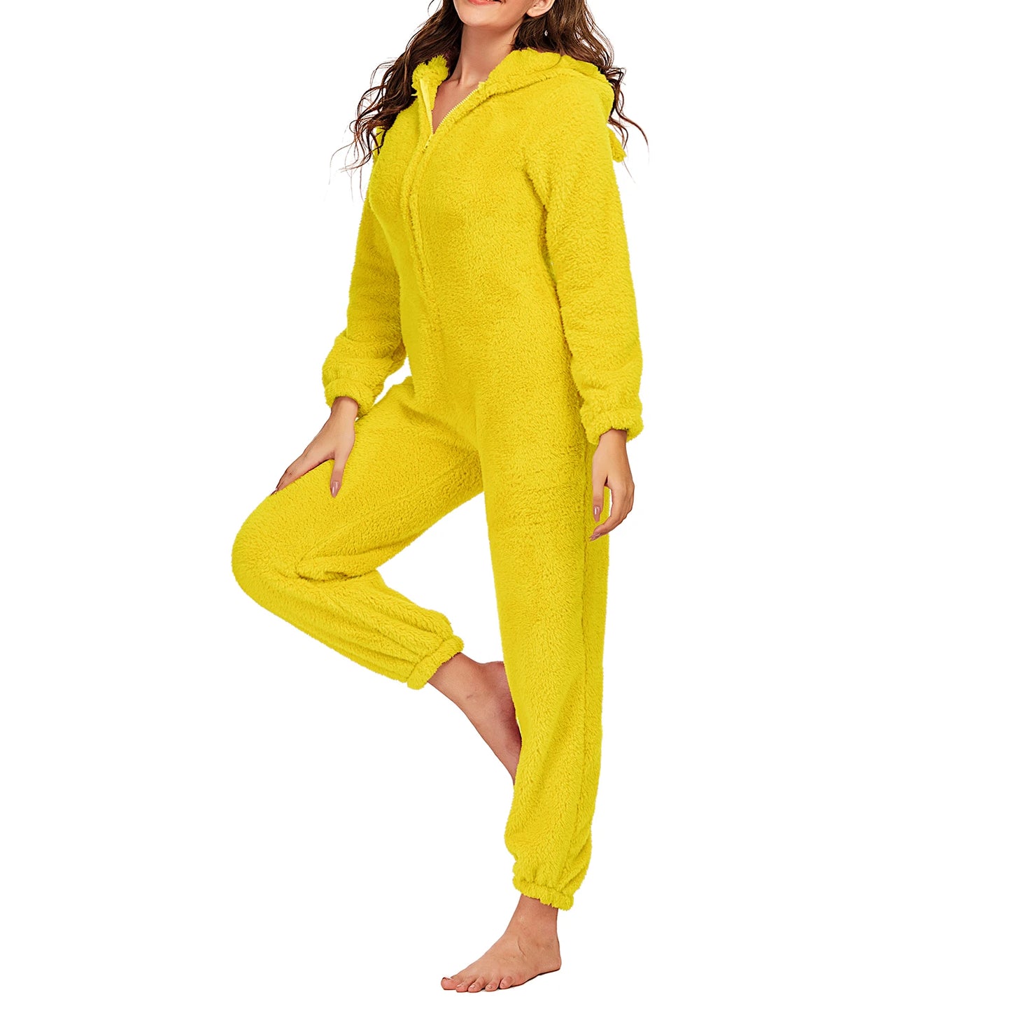 Women Winter Warm Plush Romper Pajamas Solid Color Long-Sleeve Zipper High Neck Hooded Homewear S/M/L/XL/2XL
