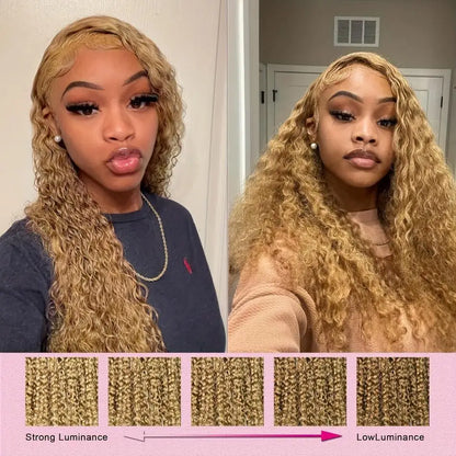 #27 Honey Blonde Curly Human Hair Wig 13X6 Deep Wave Frontal Wig 30 36 Inch 13X4 Hd Transparent Lace Front Colored Wigs