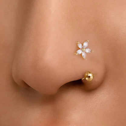 1Pc Zircon Flower-Shaped Nose Ring,14K Gold Plated Stainless Steel Piercing Jewelry for Women Daily Wear Body Piercing Accessory